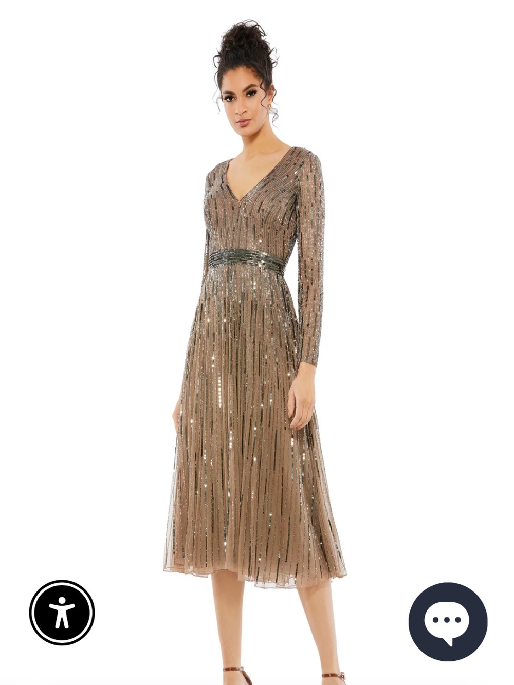 Mac Duggal Taupe Sequin V-Neck Long Sleeve Midi Dress